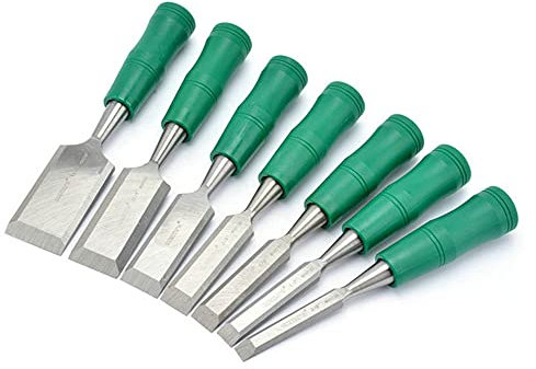 Stechbeitel Set 7-teiligem Holzmeißel Holzschnitzmeißel Set aus Manganstahl Holzmeißel Gummigriff Griff Stechbeitel Set für Holzschnitzerei Zimmerei Trimmen der Kanten.