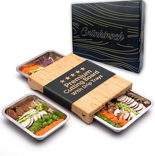 Grünhirsch® Premium Schneidebrett Bambus mit 3 x Auffangschale (Gr. 40x30x7cm) - Holzbrett & Küchenbrett Küche - Profi Cutting Board Set aus Holz - Holzschneidebrett mit 3 Auffang-Behälter (groß)