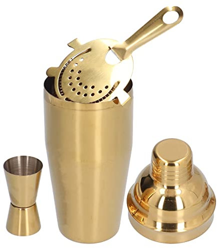 KUIKUI Kit de 3 piezas para hacer cócteles, juego de cocteleras de acero inoxidable de 750 ml con tapa, colador de hielo y jigger, herramientas de barman para el hogar, bar, fiesta (dorado)