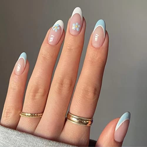 RUNRAYAY Blue Flower Press on Nails Medium with French Tips, Fack Nails for Women Girls, Nude Nails Press on Full Cover Nails Tips for Spring Summer Salon Nail