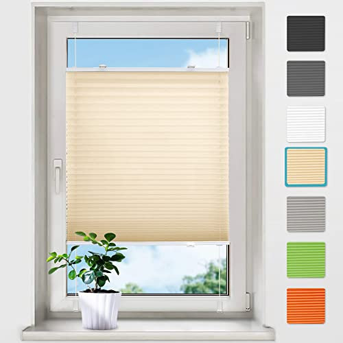 bobodeco Plissee ohne Bohren Plissees Klemmfix - Creme 35x120 cm (BxH) - Easyfix Plisseerollo Jalousie Faltrollo Blickdicht - Sichtschutz - Sonnenschutz Fertifplissee - Rollos für Fenster und Tür