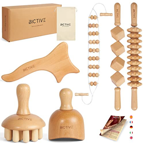 BICTIVE® Professionelles Maderotherapie Set mit 6 Stücken. Faszienstab Holz, Anti Cellulite Massagegerät für Beine und Körper. Faszienrolle und Massagestab Holz. Lymphdrainage Gerät aus Buchenholz.