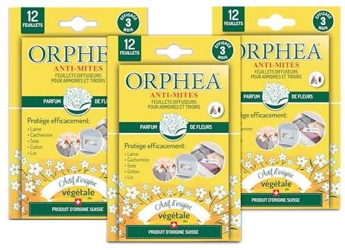 Orphea - Anti tarme tessile, fogli diffusori per armadi e cassetti (3 x 12 pezzi) naturale, profumo legno di cedrè anti tarme, ideale per abbigliamento, agisce immediatamente - durata 3 mesi
