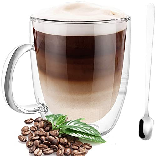 R&SB - Tazza in vetro a doppia parete da 350 ml, per cappuccino, latte, latte, tè, latte, resistente al calore (manico)