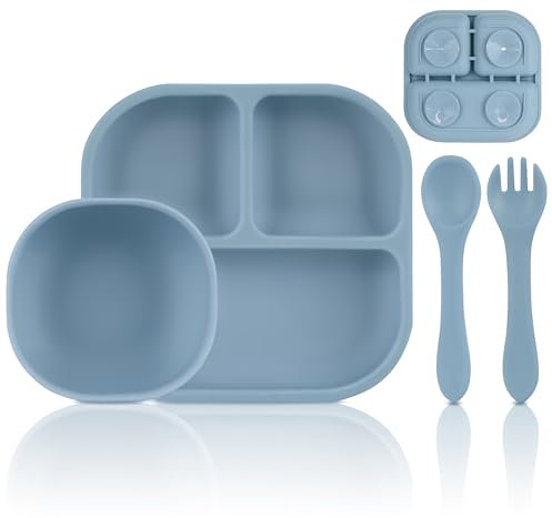 MOJINL Baby Geschirrset Silikon mit Saugnapf, Rutschfest Kindergeschirr Set Junge Mädchen, 4 Stück BPA Frei Baby Teller Sets mit Babylöffel und Baby Gabel Schüsseln Teller, Spülmaschinengeeignet