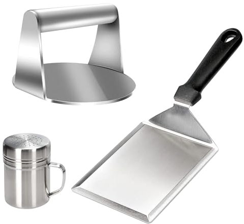 NIXRET Smash Burger Tool Kit, Heavy Duty Non-Stick Burger Smasher, Spatula Grill Turners and Spice Dredge Shaker for BBQ Cooking and Flat Top Griddle,3pcs Stainless Steel
