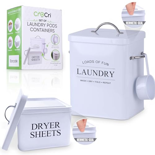 2 Pack Laundry Detergent Container and Dryer Sheet Holder Dispenser with hermetic seal,Farmhouse Laundry Room Organization Containers, Large Metal Laundry Detergent Powder Storage with Scoop