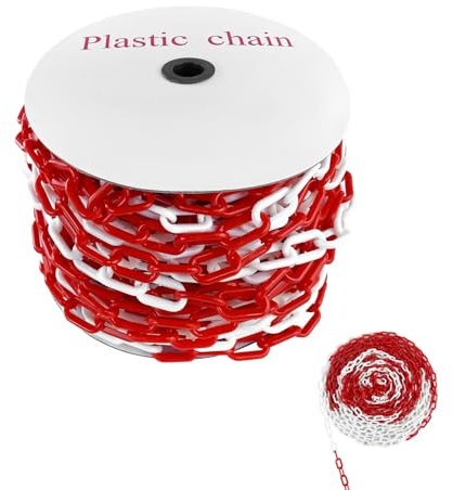 Aufun 25m Absperrkette Plastikkette Rot/Weiß 6mm Stärke Kunststoffkette zum Absperren von Flächen, gut sichtbar, stabil und handhabbar, Kette Warnkette für Parkplatz Parkplatzsperre