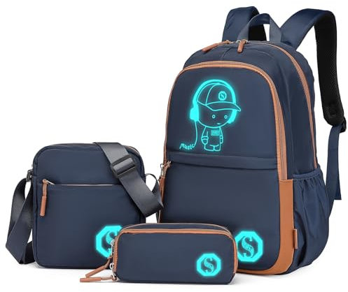 Kono Sac à Dos d'école Lumineux 3 en 1, Sac à bandoulière pour garçons, Sac à bandoulière, Trousse à Crayons, Sac à Dos pour Ordinateur Portable de 15,6, pour étudiants, Adolescents, Filles, Bleu