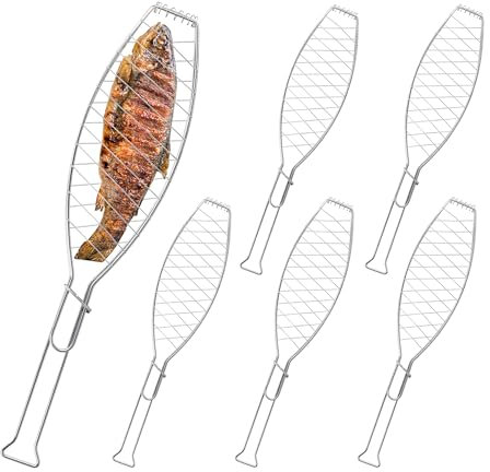 Relaxdays Fischbräter 6er Set, Edelstahl, mit Griff, 54 cm lang, Fischhalter zum Grillen, Grillguthalter Fisch, Silber