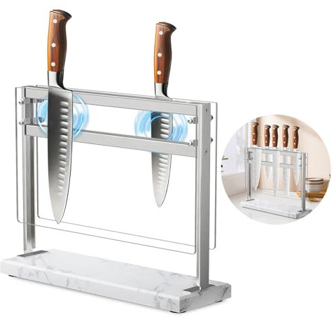 HomeSimplex Acrylic Shield Magnetic Knife Block Holder - Marble Base Magnetic Knife Stand for Counter Top -Double Sided Magnetic Knife Holder -Stainless Steel Kitchen Knife Block without Knives -White