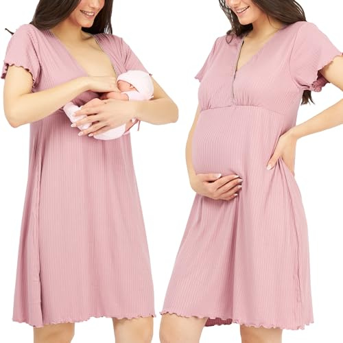 Womum Chemise de Nuit Maternité 3 en 1 Pyjama Confort Maximal pour Allaitement, Hôpital et Accouchement