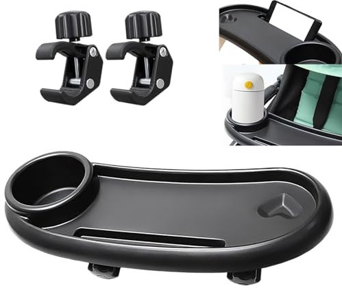 DeJivsin Kinderwagen Tablett, Kinderwagen Snack Tray Kinderwagen, 360-Grad Schwenkbar 3-in-1 mit Verstellbarem Clip Kinderwagen Getränkehalter, Geeignet für die Meisten Kinderwagen mit Armlehnen