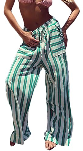 Megfie Damenhose mit Kordelzug an der Taille, gestreift, weites Bein, Palazzo-Hose für Damen, Freizeithose, Loungehose mit Taschen, Grün , X-Groß