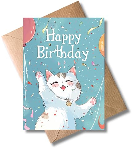 WBdesignz Anime Katze Geburtstag Karte mit Umschlag - Süße Geburtstagskarte “Happy Birthday” - Niedliche Glückwunschkarte - Neko Geschenkkarte Geburtstag - für Frauen, Katzenliebhaber, Kinder (DIN A6)