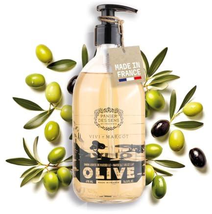 Panier des Sens - Olive Marseille Flüssigseife - Im Glas - Flüssige feuchtigkeitsspendende Handseife - Olivenöl, Arganöl & Kokosnussöl - 98% natürliche Inhaltsstoffe - französische Handseife - 490ml