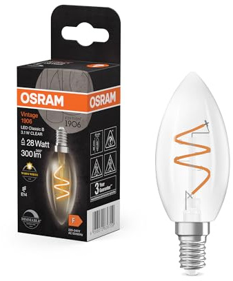 Osram Vintage 1906 Classic ist eine warmweiße, dimmbare LED-Lampe in Minikerzenform mit spiralförmigem Filament. Sie bietet 3.1 W, 300 lm, E14 Fassung, klarfarbenes Glas, 35 mm Durchmesser, 2700 K.