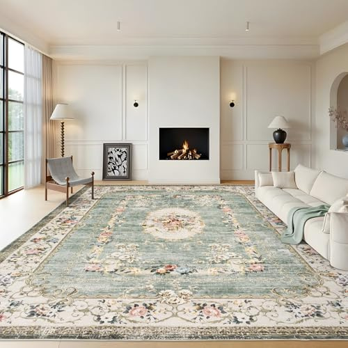 Taleta Greenish Washable Rugs Living Room Large Green Non Slip Vintage Boho Floral Rug Soft Short Pile Oriental Area Carpet for Kitchen Bedroom (Green, 190 x 280 cm)