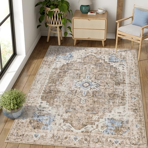 TOPICK Teppich 140x200cm Wohnzimmer Waschbar Kurzflor Retro Ziegelort Blumen Orientalischer Antibakterieller Faltbar Weich rutschfest Dünn Schlafzimmer Kinderzimmer Wohnzimmer Flur