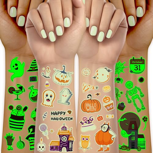 Acevegue 15 Feuilles Tatouages Enfant, 195 Motifs Luminescents Tatouage Éphémère Halloween, Stickers Autocollants pour Garçon Filles Decoration Accessoires Cadeau Halloween