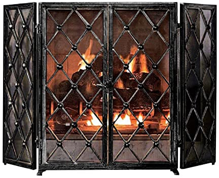 Kaminschutzgitter für Kamin, rustikaler Kamin mit Türen, faltbares Funkenschutzgitter aus Eisengeflecht, Feuerstelle, 52 breit x 32 hoch, industrieller Sichtschutz, kindersicher (s