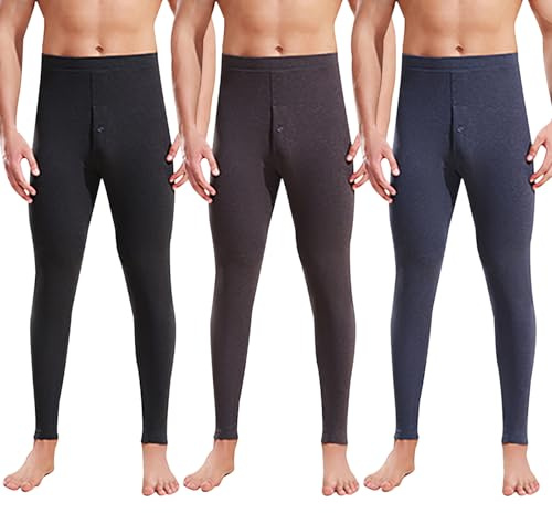 CLOUSPO Mutande lunghe da uomo con apertura, biancheria intima termica invernale, comode mutande calde da uomo, pantaloni lunghi termici, A nero+blu+grigio, XL