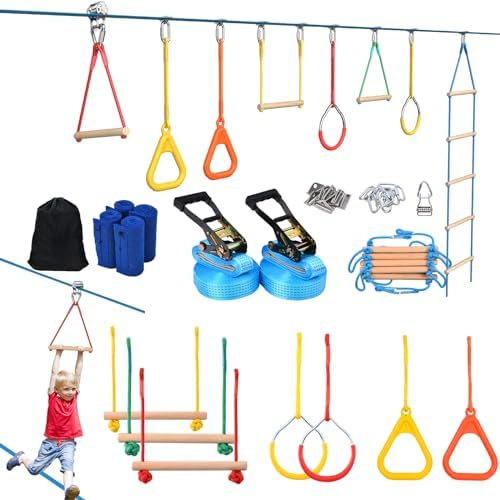 Hapfan 2 X 50ft Slackline Set Kinder mit Seilrolle, Hindernisse Set mit Klettergerüst Kletterstangen Kletterleiter Turnringen Gymnastikringe Baumschutz (Blau)