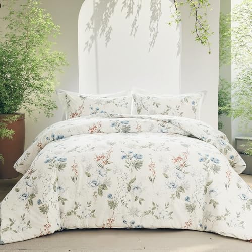 Herside Blå blommig sängkläder set dubbel storlek 100 % bomull vändbart påslakan set med dragkedja 3 delar mjuk och andningsbar vintage grön trädgård sängkläder set för flickor tonåringar