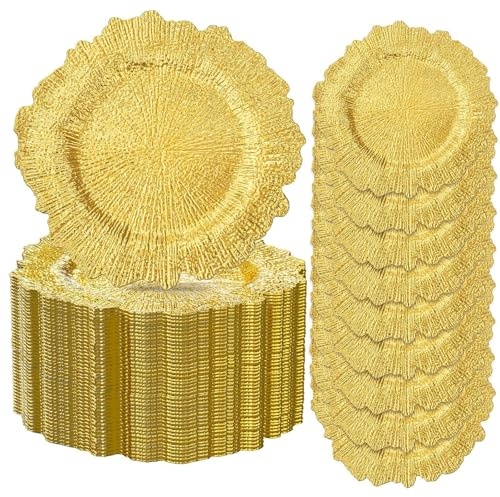 Aikimfuly Clear and Gold Charger Plates - Elegant Disposable Table Chargers for Weddings & Parties(Gold coral,20pcs)