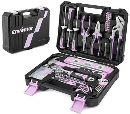 Enventor Cassetta Attrezzi Completa 158 Pezzi Rosa, Set Attrezzi da Lavoro con Cacciavite Chiave a Martello, Utensili da Lavoro con Cassetta Degli Attrezzi, Valigetta Attrezzi Completa per la Casa