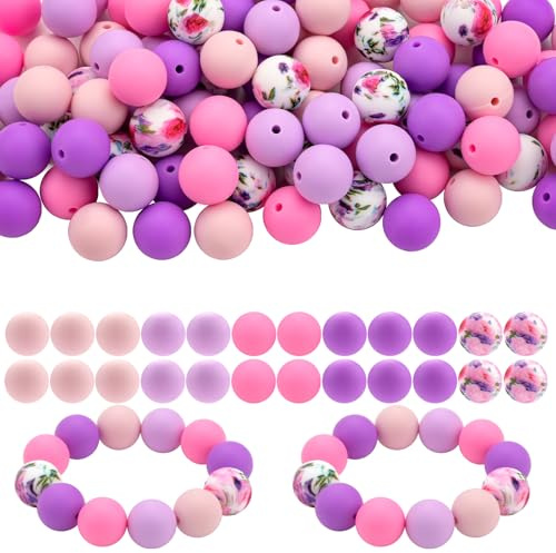 Bouiexye 100 Stück 15 mm Silikonperlen zur Armbandherstellung Rosa Lila Silikonperlen Runde Perlen zur Herstellung von Schlüsselanhängern DIY Bastelarbeiten Armbändern Perlenstiften Perlenstift
