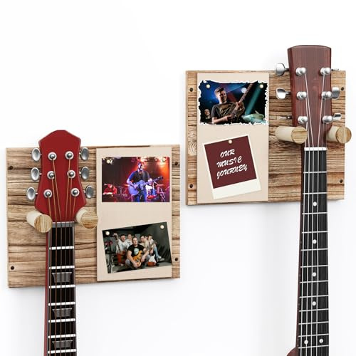 Emfogoo Gitarrenhalter für Die Wand 2 Stück, Holz Gitarren Wandhalterung, Gitarrenhaken für Gitarren aller Größen, Wandhalterung Gitarre für E-Gitarren Akustikgitarren Ukulelen Bass (Rustikal Braun)
