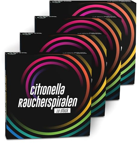 Citronella Räucherspiralen 4er Set – 40x extra Starke Spiralen + 8 Halter | 8 Halter – Zitroniger Duft für Outdoor – Brenndauer je Spirale ca. 7h – Schwarze Box – Ideal für Terrasse, Garten, Camping