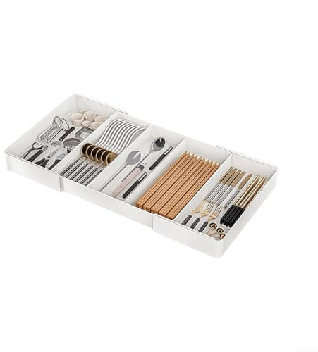 Bandeja organizadora de utensilios ajustable para almacenamiento de cocina, soporte expandible para cubiertos con 3 compartimentos grandes para control de desorden (B)