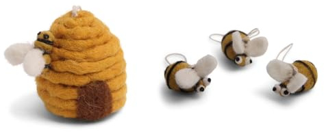 Handgemacht & Fairtrade-Zertifiziert | Gry & Sif | Stilvolles dänisches Design x Nepali Kunsthandwerker | Anhänger - Mini Bienen und Bienenkorb aus Filz für Wohnzimmerdekoration |