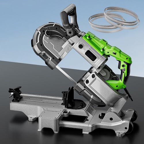 Sega a nastro portatile per il taglio di metalli, regolabile da 0 a 45°, con luce LED integrata, include lame multiple e guanti, ideale per lavori su rame, alluminio, acciaio e pavimenti
