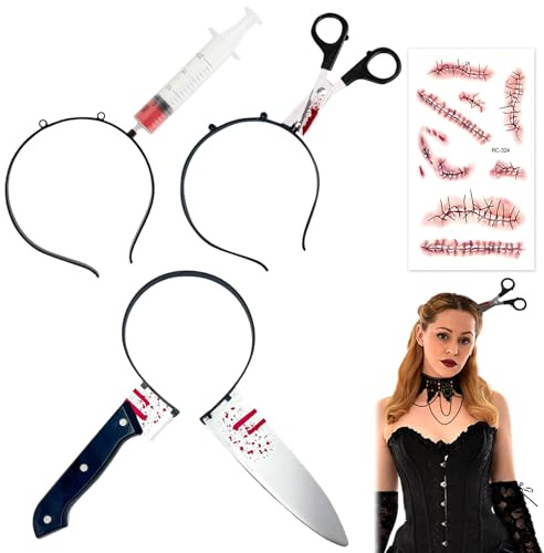 Bavooty 3 Stück Halloween Horror Haarreif,Messer im Kopf,Blutige Haarreif,Halloween Haarschmuck,Spritze,Schere,Messer,mit Zombie Scars Tattoo,Kostüm Accessoire für Party Cosplay