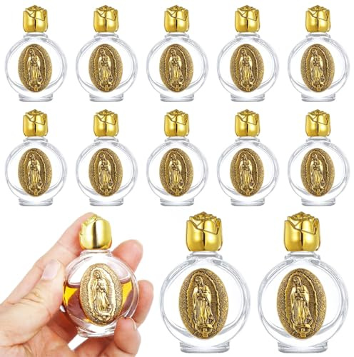 Set di 12 bottiglie d'acqua santa in vetro goffrato, con tappo a rosa dorata, piccole fiale ricaricabili per occasioni spirituali