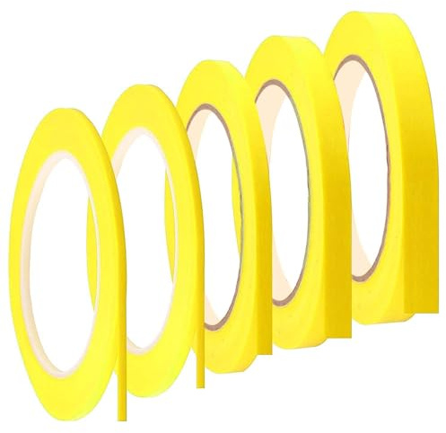 ZoeWei Malerkrepp Selbstklebendes Fineline Tape, 5 Rollen Masking Tape 3/5/10/12 mm x 50 m Klebeband Malerband Abklebeband Lackieren für Autolack Malerarbeiten Dekorieren, Goldgelb