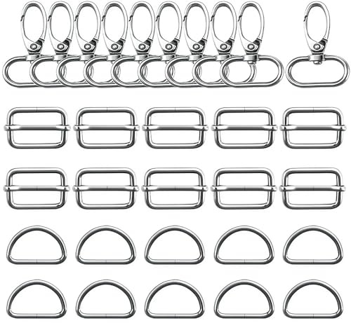 Trsnzul Karabinerhaken für Taschen 30 Stück Taschenzubehör zum Nähen 32mm D-Ringe Schiebeschnalle Metall Drehbare Karabinerhaken für DIY Tasche Gurt Silber