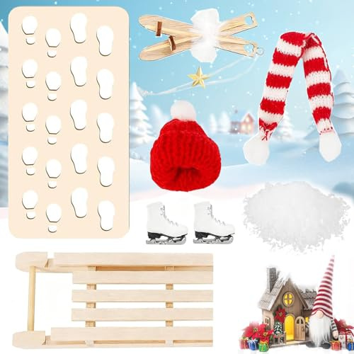 Accesorios para Gnomos, Trineo en Miniatura, Gorro, Bufanda, Botas de esquí, esquís, Plantilla de Huellas, Nieve Simulada, Adorno De Trineo Navideño, Miniatura de Navidad, Accesorios de Elfo navideño