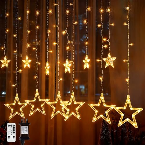 Opard Christmas Window Lights 3.6m 138 LEDs 12 Stars, Christmas Decorations Curtain Lights Plug in, Warm White, IP65 Waterproof Fairy Lights with Remote Timer 8 Modes for Indoor Window Balcony Fence