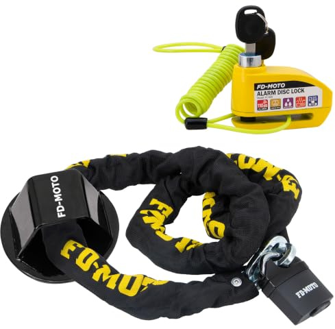 FD-Moto CL721 Chain Lock + Ground Anchor (2 Bolts) + Alarm Brake Disc Lock | 1.8M*10mm Yellow Steel Heavy Duty for Motorbike Motorcycle Scooter Bike Bicycle