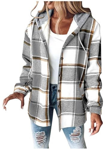 Chanpning Veste À Carreaux Femme Chic Manteau Bûcheron Chemisier Manches Longues Chaud Surchemise Boutonnée Blouse Avec Capuche Carreaux Veste Hiver Surdimensionnée Vintage Casual Chemise