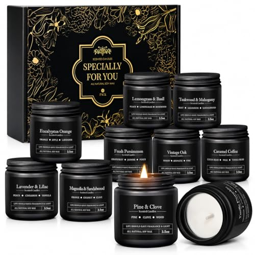 Set di 10 Candele Profumate da Uomo, Confezione Regalo Elegante con 10 Fragranze, Candele Aromatiche in Vetro, Idea Regalo per Papà, Marito, Fratello, Compleanno, Natale, Festa del Papà