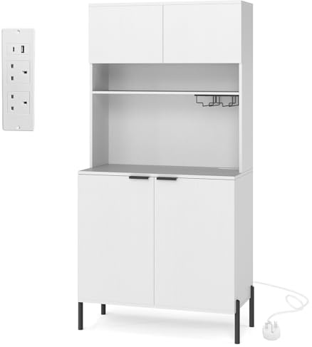 TANGZON Tall Kitchen Cupboard with Power Outlets, 4 Door Wooden Storage Sideboard with Adjustable Shelf, Glass Holder & Countertop, Freestanding Pantry Cabinet Organiser for Dining Living Room (White)
