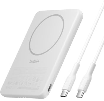 Belkin BoostCharge Batterie Externe Magnétique 5000mAh, Chargeur Portable Fin Avec Anneau Magnétique Et Port USB-C, Power Bank pour iPhone, Galaxy, Pixelsnap, iPad, Tablette, Câble USB-C Inclus, Blanc