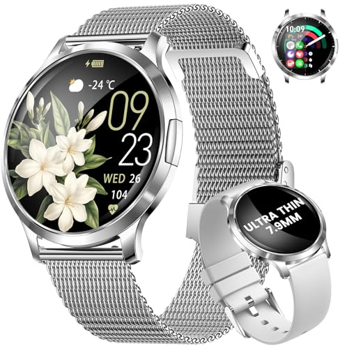 HIRREO Montre Connectée Femme 7,9mm Ultrafin 1,32 AMOLED Appel Bluetooth Elegant Smartwatch pour Android iOS Argenté Acier Sport Fitness Tracker,Fréquence Cardiaque,Moniteur de Sommeil,Podomètre