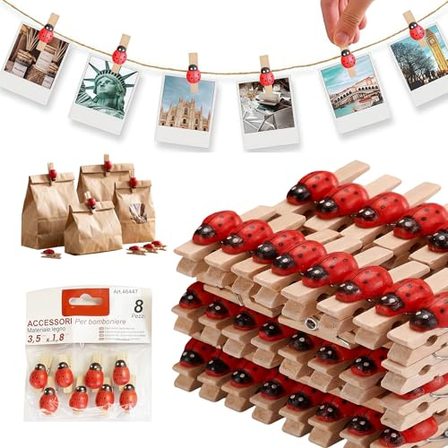 Dorunova Set di Mollettine in Legno Piccole con Coccinelle Decorative - Mini Mollette per Foto, Lavoretti Fai da Te, Segnaposto e Clip Chiudi Sacchetti Cucina 48 Pieces (Modello F)