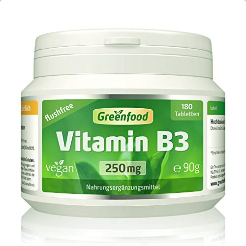 Vitamin B3 (flushfree), hochdosiert, 250mg - 180 Tabletten, vegan. Niacinamid - für Energie, Balance und Vitalität. OHNE künstliche Zusätze - laborgeprüft. Von Greenfood.